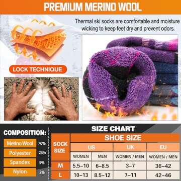 Welwoos Merino Wool Ski Socks for Womens Mens Thermal Winter Warm Thick Knee High Gift Sock Stocking Stuffers for Skiing Outdoor Sports Snowboarding 3 Pairs (Blue/Purple/Grey B,M)