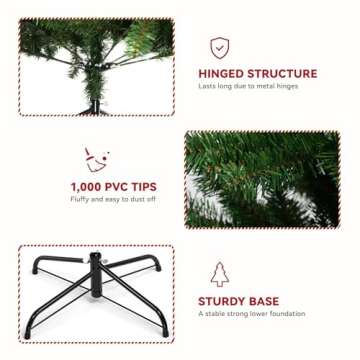 COMHOMA Christmas Tree with Lights 6.5ft, Artificial Christmas Trees with 200 LED Lights, 1000 Dense Branches and Foldable Stand, Xmas Tree for Home, Office, Party Decoration, Easy Assembly