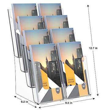 Acrylic Brochure Holder, 4 Tier Brochure Holder 8.5 x 11 Inches, Magazine Holder, Flyer Holder, Literature and Pamphlet Holder, Brochure Display Stand with Removable Divider, Use for 4 x 9 or 8.5 x 11