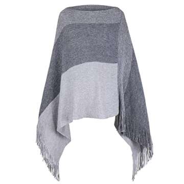 Womens Poncho Sweater V Neck Striped Pullover Soft Scarf Wrap Cape with Fringes Grey