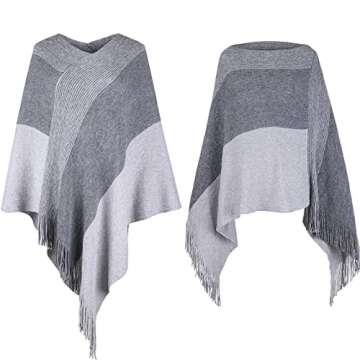 Womens Poncho Sweater V Neck Striped Pullover Soft Scarf Wrap Cape with Fringes Grey