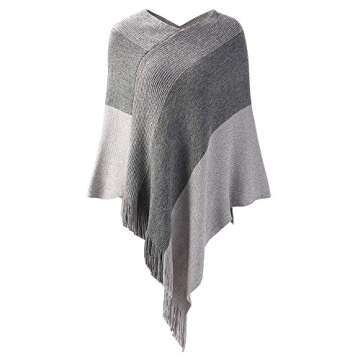 Womens Poncho Sweater V Neck Striped Pullover Soft Scarf Wrap Cape with Fringes Grey