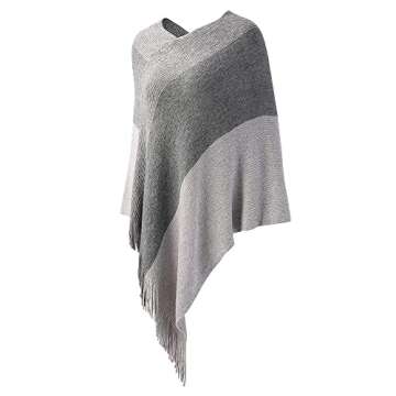 Womens Poncho Sweater V Neck Striped Pullover Soft Scarf Wrap Cape with Fringes Grey