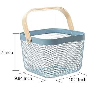 AJIODA Metal Mesh Steel Basket, Storage Organizer Basket Multi-functional Hanging Kitchen Baskets Fruit Basket Bin with Bamboo Handle for Kitchen Bathroom Picnic Shopping Decor Cabinet Home, Blue