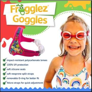 Frogglez Kids Swim Goggles with Pain-Free Strap | Ideal for Ages 3 – 10 in Swimming Lessons | Leakproof, No Hair Pulling, UV Protection | Swimming Goggles for Kids Recommended by Olympic Swimmers