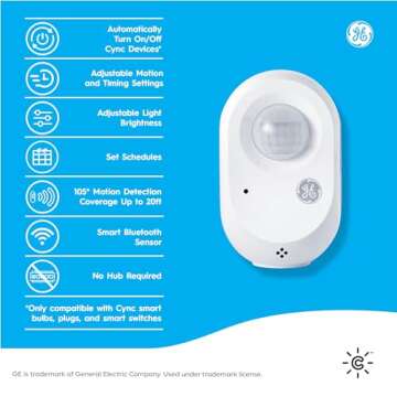 GE CYNC Wireless Smart Motion Sensor, Battery-Powered, Bluetooth Motion Sensor with Ambient Light Detection, Works with CYNC Smart Plugs, Switches and Bulbs, White