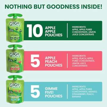 GoGo squeeZ Fruit on the Go Variety Pack, Apple, Peach & Gimme Five!, 3.2 oz (Pack of 20), Unsweetened Fruit Snacks for Kids, Gluten Free, Nut Free and Dairy Free, Recloseable Cap, BPA Free Pouches