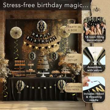 Premium Reusable Happy Birthday Decorations - Black and Gold Birthday Decorations for Women Men - Black Happy Birthday Banner, Honeycomb Decorations, Streamers (Paper Black & Gold Party Decorations)