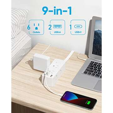 Flat Plug Power Strip with USB - 6 Outlets, 3 USB