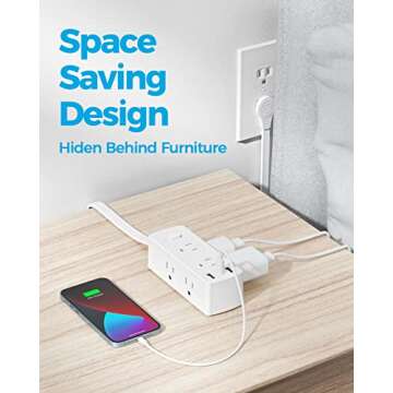 Flat Plug Power Strip with USB - 6 Outlets, 3 USB