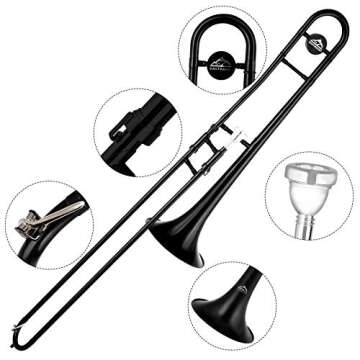 EASTROCK Bb Tenor Slide Trombone Brass Musical Instrument with Hard Case,Mouthpiece,Gloves,Cleaning Cloth for Beginners Standard Bell(7.87"/200 mm),Black