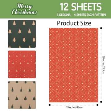 Christmas Wrapping Paper, 12 Sheets Wrapping Paper Christmas, 29.52 X 19.68 inch Christmas Wrapping Paper Set Merry Christmas Snow Tree Elk Art Paper for DIY Birthday Gift New Year Packing Decorations