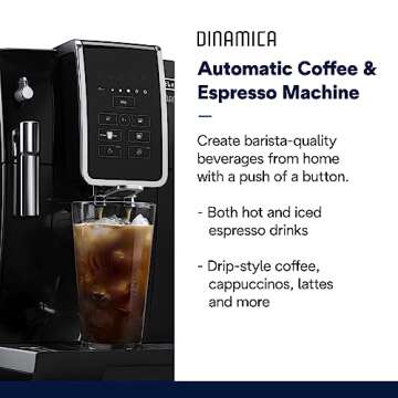 De'Longhi Dinamica Espresso Machine, Black - Automatic Bean-to-Cup Brewing, Built-In Steel Burr Grinder & Manual Frother - One-Touch Hot & Iced Coffee - Easy Cleanup