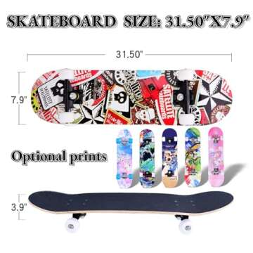 Skateboards for Beginners Kids Boys Girls Teens and Adults, 31 Inch Complete Standard Skateboards with 7-Layer Maple Double Kick Deck Unicorn and Skull Design (Skull)