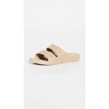 Freedom Moses Women's Moses Two Band Slides, Sands, Tan, 11-12 Medium US