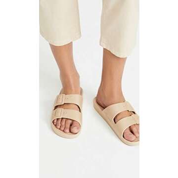 Freedom Moses Women's Moses Two Band Slides, Sands, Tan, 11-12 Medium US