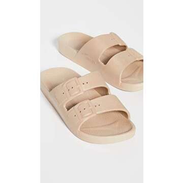 Freedom Moses Women's Moses Two Band Slides, Sands, Tan, 11-12 Medium US