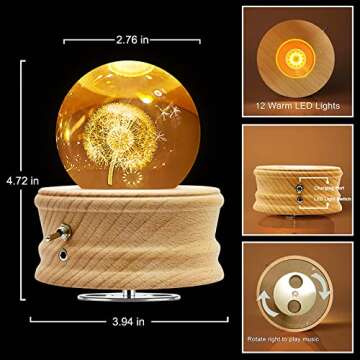 Christmas Gifts-3D Crystal Ball Music Box with Projection LED Light and Rotating Wooden Base, Gift for Birthday, New Year, Valentine's Day, Music Boxes for Women Mom Daughter (Dandelion)