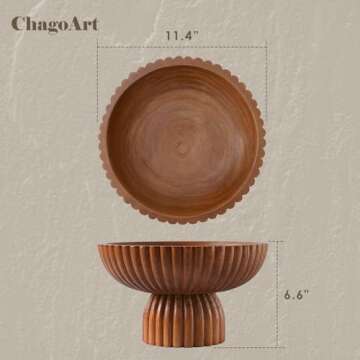 ChagoArt Wooden Fruit Bowl for Kitchen Counter- Large Decorative Bowl for Home Decor-Key Bowl for Entry Table-Ruffle Bowl-Fluted Bowl-Scalloped Bowl-Organic Modern Home Decor-Pedestal Bowl-Footed Bowl