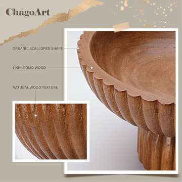 ChagoArt Wooden Fruit Bowl for Kitchen Counter- Large Decorative Bowl for Home Decor-Key Bowl for Entry Table-Ruffle Bowl-Fluted Bowl-Scalloped Bowl-Organic Modern Home Decor-Pedestal Bowl-Footed Bowl