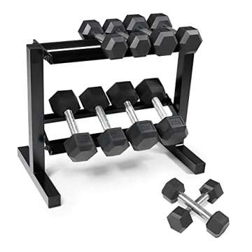 WF Athletic Supply 5-25Lb Rubber Coated Hex Dumbbell Set with Two Tier Storage Rack Non-Slip Hex Shape for Muscle Toning, Strength Building & Weight Loss, Black Rack, Straight Handle