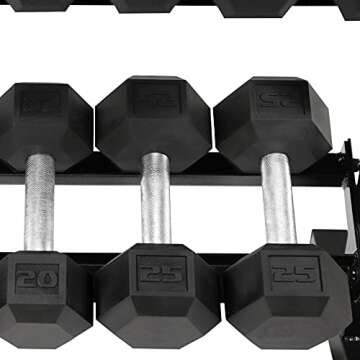 WF Athletic Supply 5-25Lb Rubber Coated Hex Dumbbell Set with Two Tier Storage Rack Non-Slip Hex Shape for Muscle Toning, Strength Building & Weight Loss, Black Rack, Straight Handle