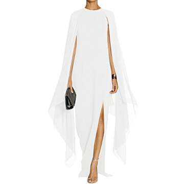 MAYFASEY Women's Elegant High Split Flared Sleeve Formal Evening Maxi Dresses with Cape White XXL