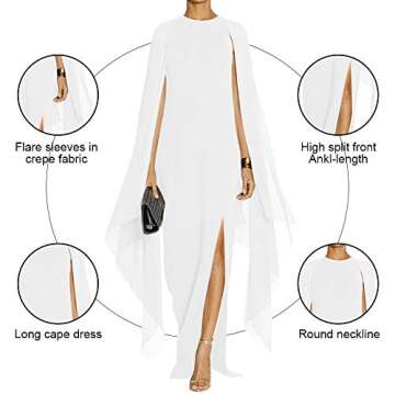 MAYFASEY Women's Elegant High Split Flared Sleeve Formal Evening Maxi Dresses with Cape White XXL