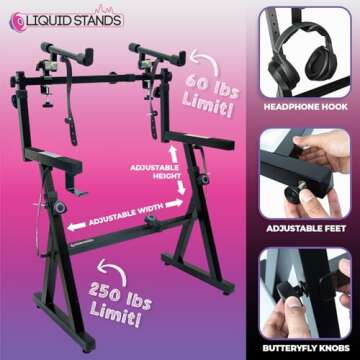 Liquid Stands Dual Piano Keyboard Stand with 2nd Tier - Z Style Adjustable and Portable 2 Tier Heavy Duty Music Stand for Synths and Electric Digital Keyboards - Fits 54 61 88 Key Pianos