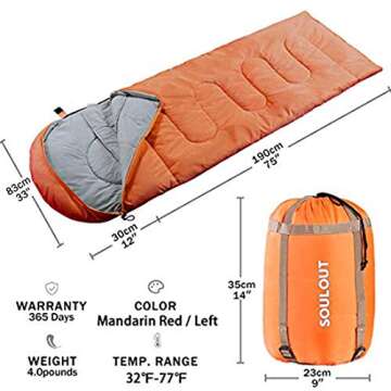 Envelope Sleeping Bag,3-4 Seasons Warm Cold Weather Lightweight, Portable, Waterproof Compression Sack Adults & Kids - Indoor & Outdoor Activities: Traveling Camping Backpacking Hiking, Mandarin Red