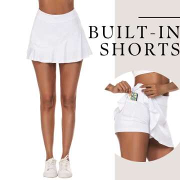 Ekouaer Tennis Golf Skirt Solid Running 2 Layer Pleated Skorts Casual Sports Apparel White