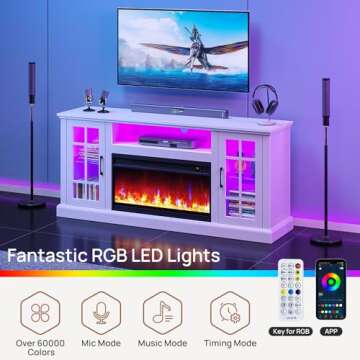 Rolanstar Fireplace TV Stand with Led and Power Outlets, White Entertainment Center with 26" Electric Fireplace for 45/50/55/60/65 inch TVs, Modern TV Console with Storage Cabinet for Living Room