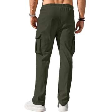 Comdecevis Men's Casual Cargo Pants Workout Joggers Stretch Sweatpants Hiking Drawstring Tactical Pants with Multi Pockets Army Green