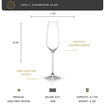 JoyJolt Champagne Glasses Layla Collection, Set of 4 – 6.7 oz Elegant Crystal Stemmed Champagne Flutes for Prosecco, Sparkling Wine, Mimosas, Cocktails, Weddings, Anniversaries, Parties