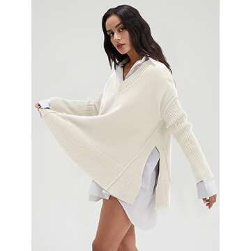 DEEP SELF Women's Oversized V Neck Side Slit Pullover Sweaters Loose Casual Long Batwing Sleeve Sweater Tops (White, Medium)