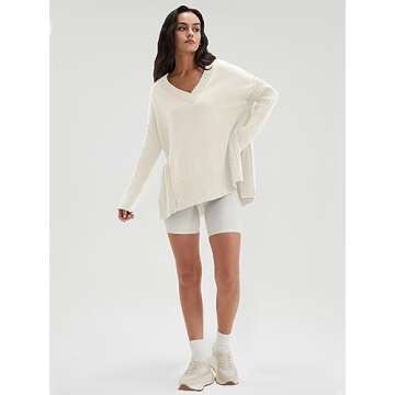 DEEP SELF Women's Oversized V Neck Side Slit Pullover Sweaters Loose Casual Long Batwing Sleeve Sweater Tops (White, Medium)