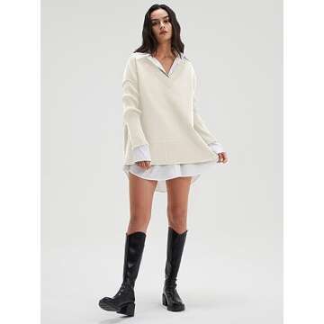 DEEP SELF Women's Oversized V Neck Side Slit Pullover Sweaters Loose Casual Long Batwing Sleeve Sweater Tops (White, Medium)