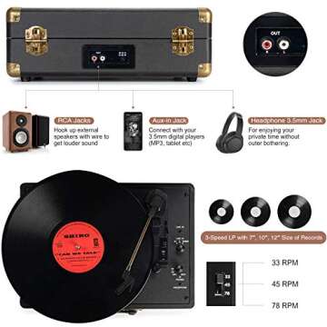 Vinyl Record Player 3-Speed Bluetooth Suitcase Portable Belt-Driven Record Player with Built-in Speakers RCA Line Out AUX in Headphone Jack Vintage Turntable