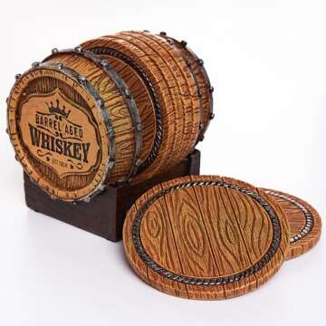 Whiskey Barrel Coaster Set – Handcrafted Whiskey Barrel Decor for Whiskey Lovers and Man Cave Gifts for Men - 6 Full Size Whiskey Coasters with Barrel Style Holder for Man Cave Décor