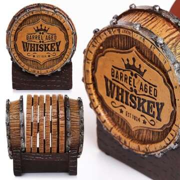 Whiskey Barrel Coaster Set – Handcrafted Whiskey Barrel Decor for Whiskey Lovers and Man Cave Gifts for Men - 6 Full Size Whiskey Coasters with Barrel Style Holder for Man Cave Décor