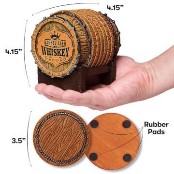 Whiskey Barrel Coaster Set – Handcrafted Whiskey Barrel Decor for Whiskey Lovers and Man Cave Gifts for Men - 6 Full Size Whiskey Coasters with Barrel Style Holder for Man Cave Décor