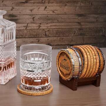 Whiskey Barrel Coaster Set – Handcrafted Whiskey Barrel Decor for Whiskey Lovers and Man Cave Gifts for Men - 6 Full Size Whiskey Coasters with Barrel Style Holder for Man Cave Décor