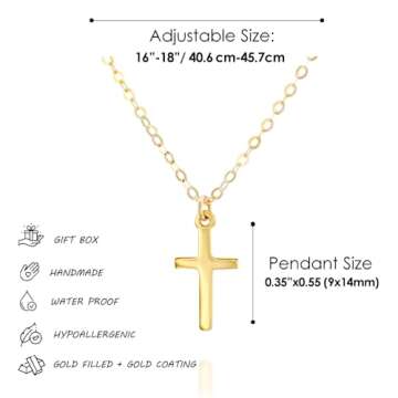 Tooliks - Gold Cross Necklace for Women, Minimalist Cross Pendant Necklaces, Length 16-18 Inches, Handmade Christian Jewelry, Religious Gift, Simple Necklace, Small Cross Necklace (Gold)