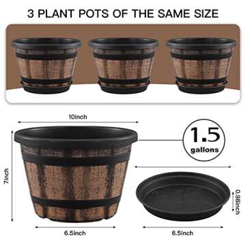 Quarut 3 Pack 10 inch Plant Pots,Whiskey Barrel Planters with Drainage Holes & Saucer, Plastic Decoration Flower Pots Imitation Wine Barrel Design, for Indoor & Outdoor Garden Home Plants (Brown)