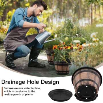 Quarut 3 Pack 10 inch Plant Pots,Whiskey Barrel Planters with Drainage Holes & Saucer, Plastic Decoration Flower Pots Imitation Wine Barrel Design, for Indoor & Outdoor Garden Home Plants (Brown)