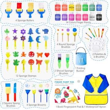 Washable Finger Paint Set, Shuttle Art 46 Pack Kids Paint Set with 14 Colors(60ml) Finger Paints, Brushes, Finger Paint Pad, Sponge, Palette, Smock, NonToxic for Toddlers Home Activity Early Education