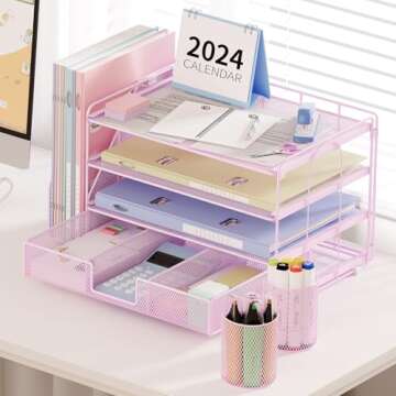 OPNICE Desk Organizers and Accessories, Desk Accessories & Workspace Organizers for Office Supplies, File Organizer Desk Drawer Organizer with 2 Pen Holders, 4 Tier Paper Organizer for Desk(Pink)