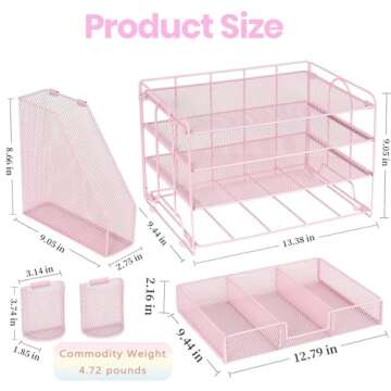 OPNICE Desk Organizers and Accessories, Desk Accessories & Workspace Organizers for Office Supplies, File Organizer Desk Drawer Organizer with 2 Pen Holders, 4 Tier Paper Organizer for Desk(Pink)