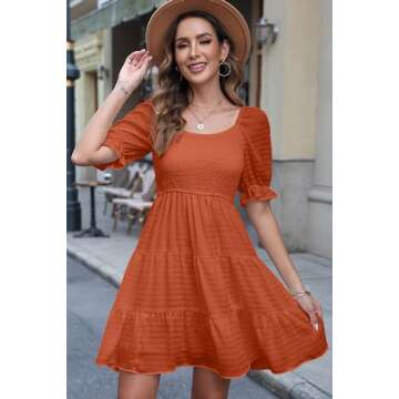 Dokotoo Casual Dresses for Women 2024 Trendy Summer Beach Square Neck Ruffle Chiffon Puff Short Sleeve Smocked Waist Flowy Mini Cute Graduation Cocktail Dresses with Pockets Gold Orange Small