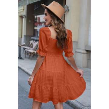 Dokotoo Casual Dresses for Women 2024 Trendy Summer Beach Square Neck Ruffle Chiffon Puff Short Sleeve Smocked Waist Flowy Mini Cute Graduation Cocktail Dresses with Pockets Gold Orange Small